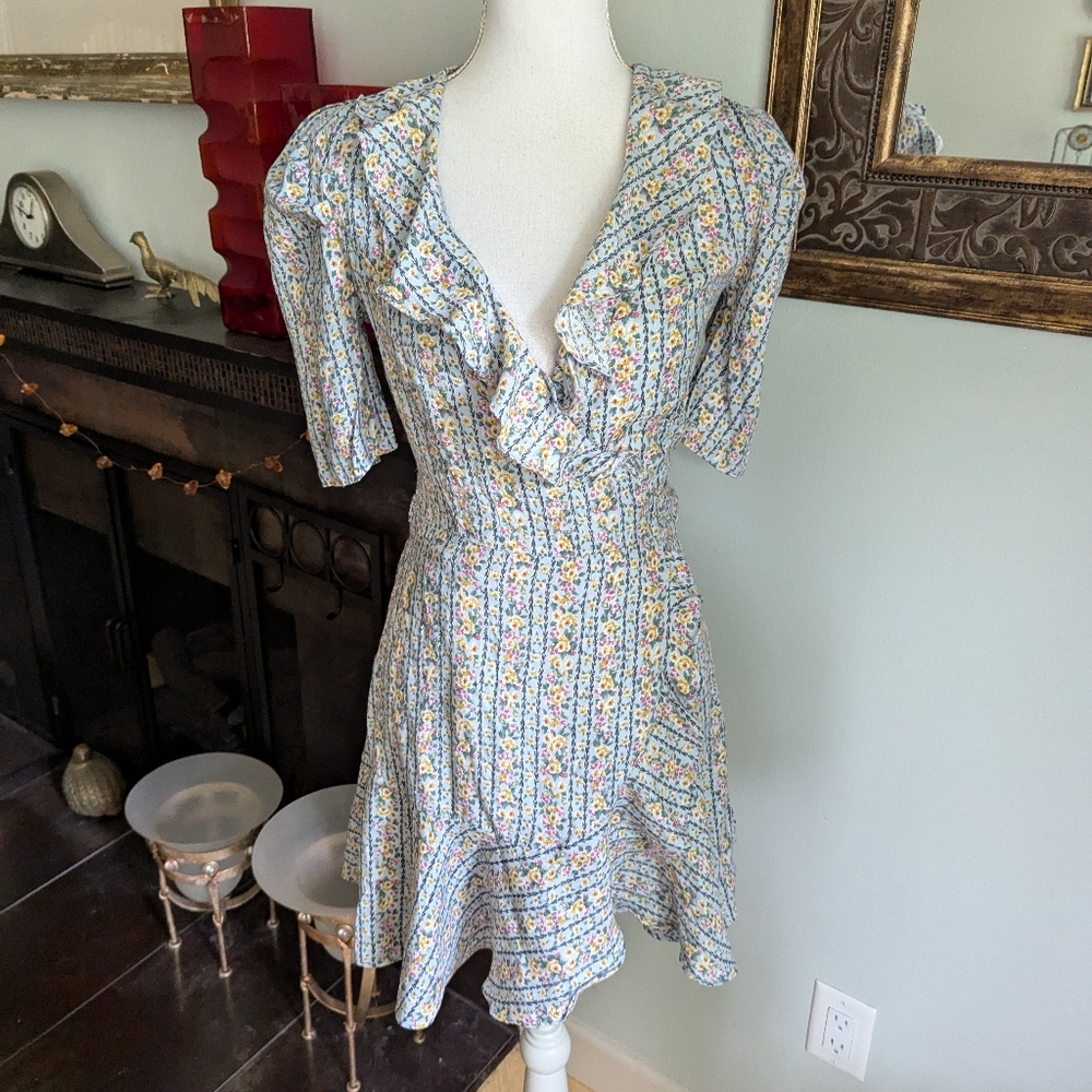 Talulah Women's Small Floral Stripe Ruffle Trim Wrap Dress Short Length Blue 157
